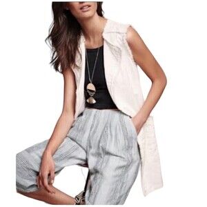 Anthropologie Elevenses Luna Frayed Linen Vest Off White Belted Size Medium